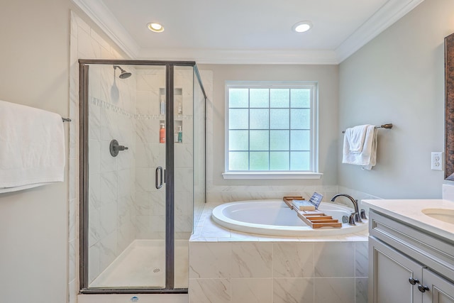 3152 Riverine, Charleston, SC 29414 - full bathroom with a bath, a stall shower, vanity, crown molding, and recessed lighting