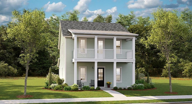 view of front of home featuring a balcony, a porch, and a front yard