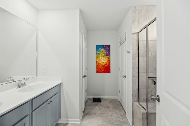 bathroom featuring tile patterned flooring, vanity, and walk in shower