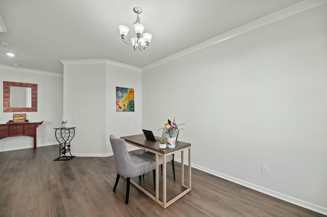 dining area with an inviting chandelier, crown molding, and dark wood-type flooring