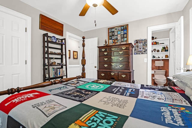 bedroom featuring ceiling fan and ensuite bath