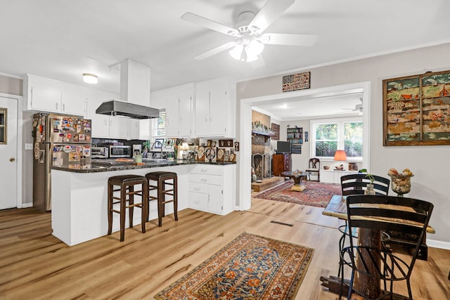 kitchen with stainless steel appliances, island range hood, tasteful backsplash, white cabinetry, and light hardwood / wood-style flooring