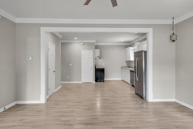 62 Wexford Way, Walterboro, SC 29488 - kitchen featuring appliances with stainless steel finishes, white cabinets, baseboards, light wood finished floors, and ornamental molding