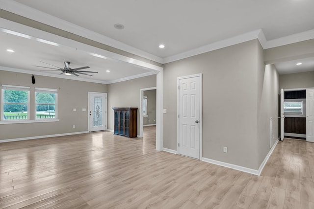 62 Wexford Way, Walterboro, SC 29488 - unfurnished living room featuring crown molding, a ceiling fan, baseboards, light wood-style flooring, and recessed lighting