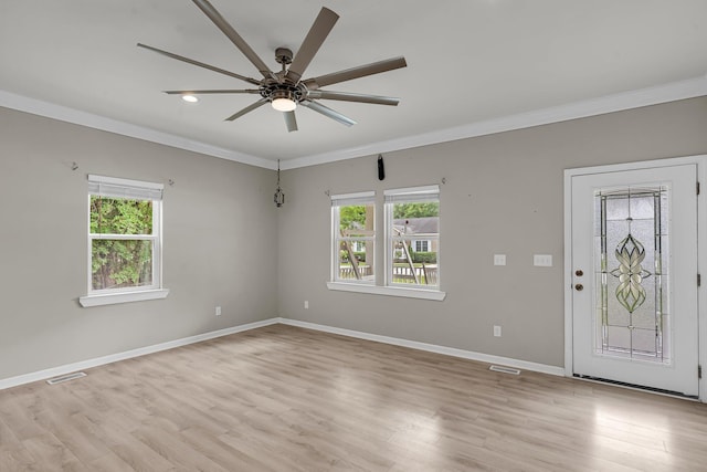 62 Wexford Way, Walterboro, SC 29488 - foyer entrance featuring crown molding, a ceiling fan, baseboards, light wood-style flooring, and recessed lighting