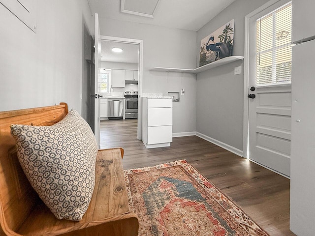 interior space with a wealth of natural light, dark hardwood / wood-style flooring, and hookup for a washing machine