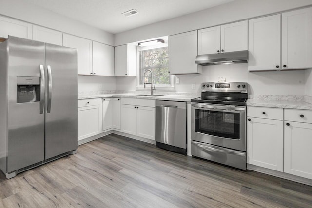 kitchen featuring white cabinetry, appliances with stainless steel finishes, a textured ceiling, light hardwood / wood-style flooring, and sink