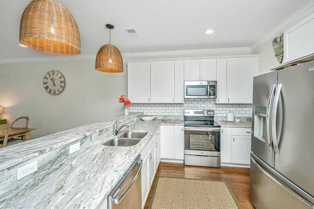 kitchen featuring white cabinets, decorative backsplash, sink, and stainless steel appliances