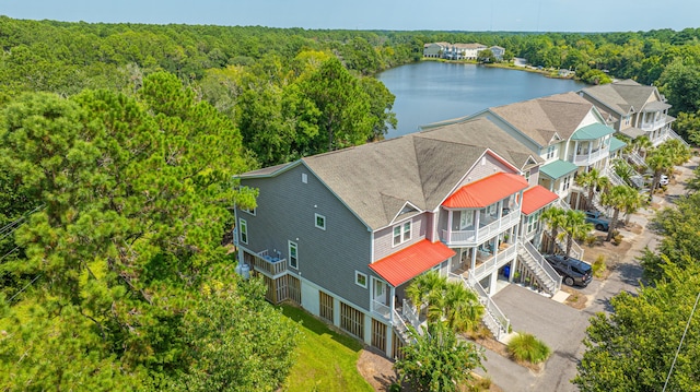 drone / aerial view with a water view