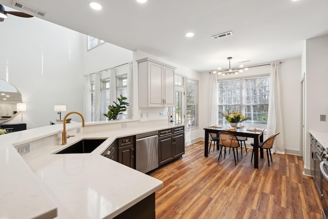 kitchen featuring wood-type flooring, dishwasher, sink, and plenty of natural light