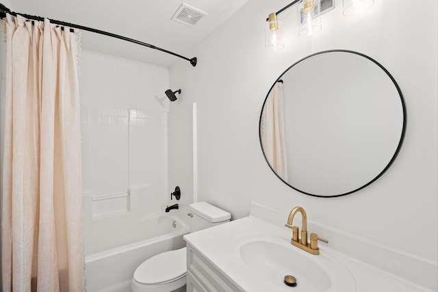 full bathroom with vanity, shower / bath combination with curtain, and toilet