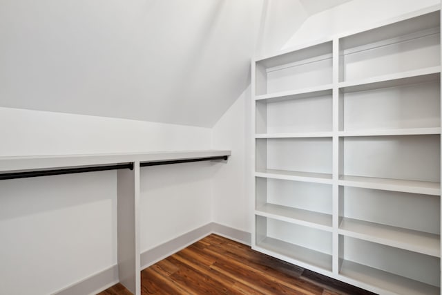 spacious closet featuring lofted ceiling and dark wood-type flooring