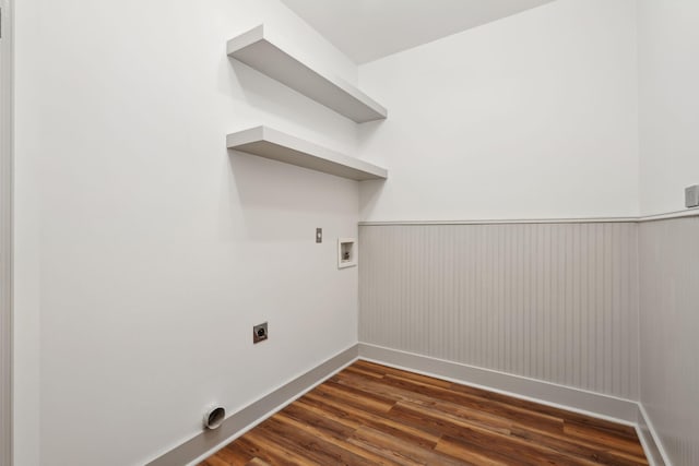 clothes washing area with hookup for a washing machine, dark wood-type flooring, and hookup for an electric dryer