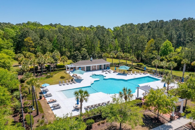 view of swimming pool featuring a patio and a lawn