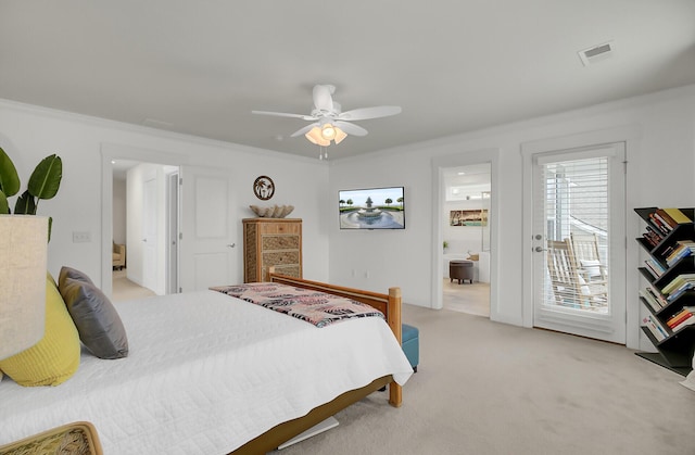 bedroom featuring access to exterior, light colored carpet, visible vents, ornamental molding, and ceiling fan