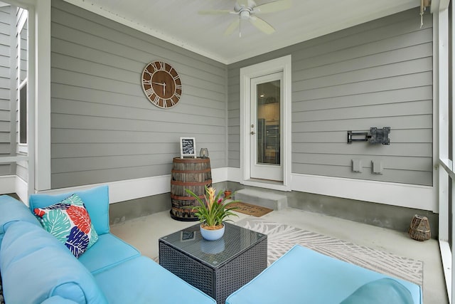 view of patio with a ceiling fan and an outdoor hangout area