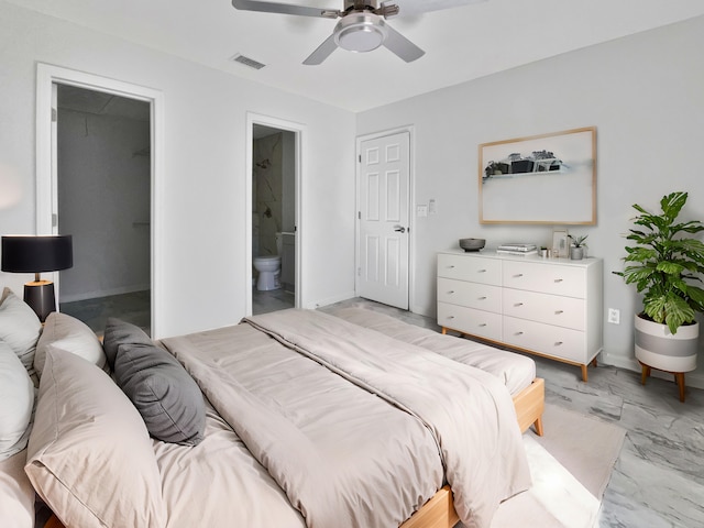 bedroom featuring connected bathroom and ceiling fan