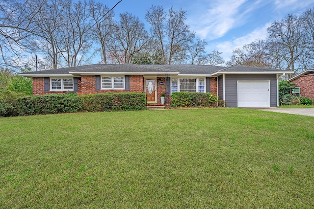 single story home featuring a garage, a front yard, concrete driveway, and brick siding