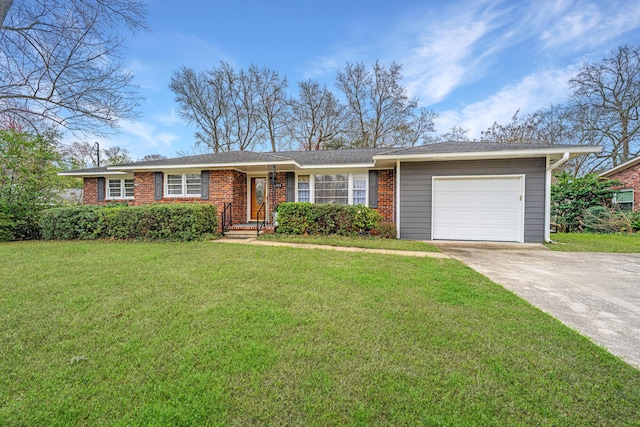 ranch-style home with a front lawn, brick siding, driveway, and an attached garage