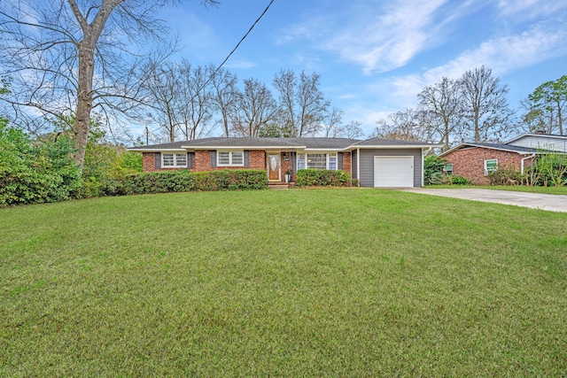 single story home featuring a garage, a front yard, concrete driveway, and brick siding