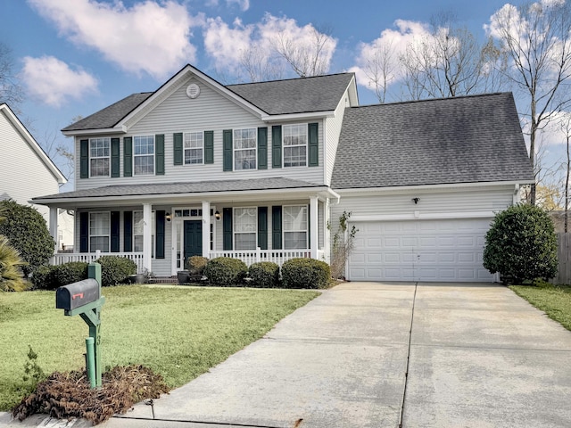 view of front of property featuring covered porch, a garage, and a front lawn