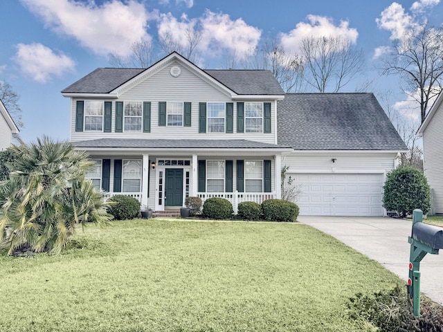 view of front of house featuring covered porch, a garage, and a front yard