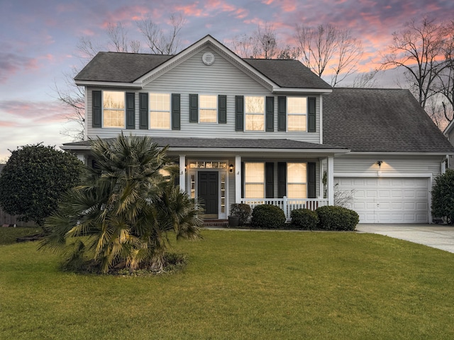 view of front facade featuring a yard, covered porch, and a garage