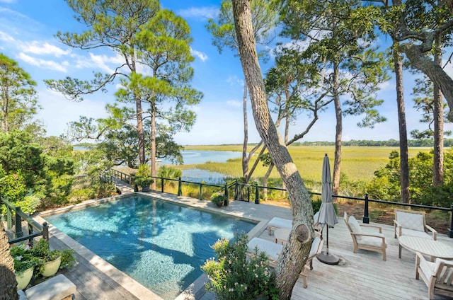 view of swimming pool with a deck with water view