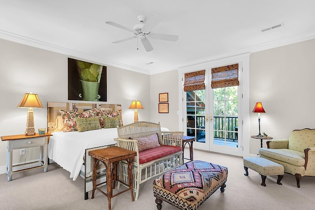 bedroom with light carpet, access to exterior, ornamental molding, and french doors