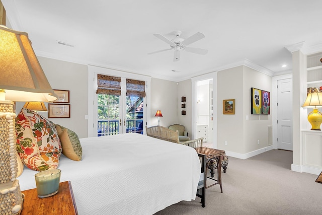 bedroom with ensuite bathroom, ornamental molding, access to exterior, ceiling fan, and light carpet