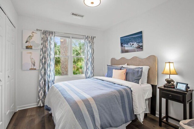 bedroom featuring dark wood-type flooring and a closet