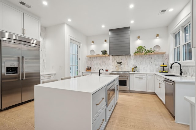 kitchen with built in appliances, visible vents, a sink, and open shelves