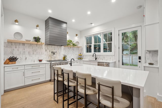 kitchen with decorative backsplash, stainless steel appliances, custom range hood, and open shelves