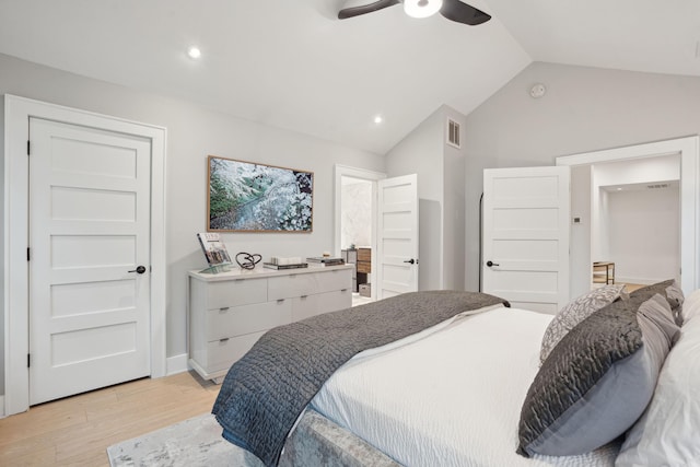 bedroom with lofted ceiling, light wood-style flooring, visible vents, ceiling fan, and recessed lighting