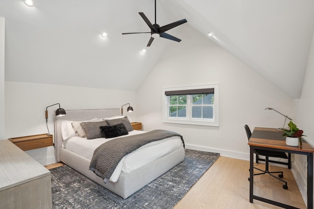 bedroom featuring wood finished floors, lofted ceiling, baseboards, ceiling fan, and recessed lighting