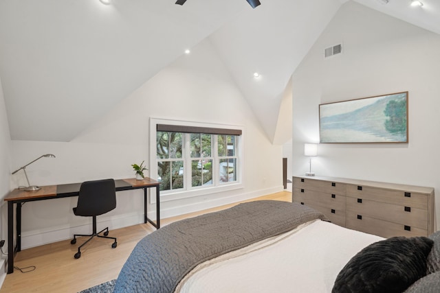bedroom with high vaulted ceiling, wood finished floors, baseboards, visible vents, and recessed lighting