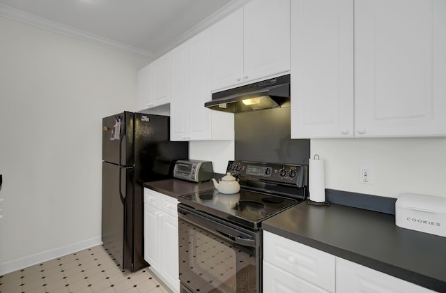 kitchen featuring white cabinetry, ornamental molding, and black appliances