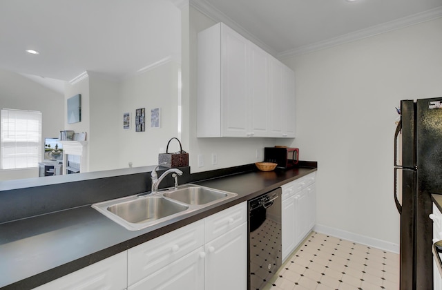 kitchen with white cabinetry, sink, crown molding, and black appliances