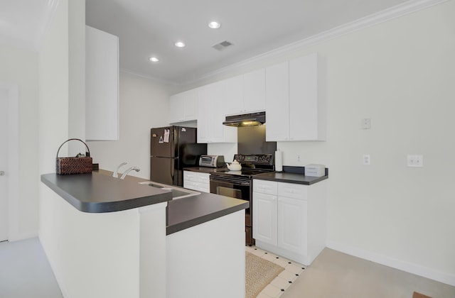 kitchen with black appliances, sink, white cabinets, ornamental molding, and kitchen peninsula