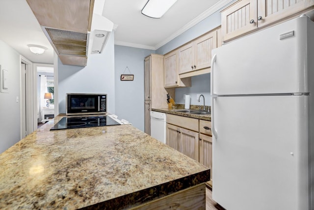 kitchen with black appliances, crown molding, sink, and light brown cabinets