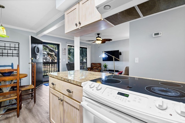 kitchen with decorative light fixtures, white electric range, light wood-type flooring, and light brown cabinets