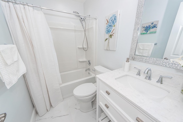 full bathroom featuring shower / tub combo, marble finish floor, toilet, and vanity