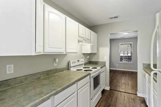 kitchen featuring white cabinets, white appliances, and dark wood-type flooring