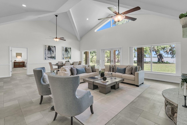 1085 Harts Bluff Rd, Wadmalaw Island, SC 29487 - living room with a ceiling fan, high vaulted ceiling, recessed lighting, and light tile patterned floors