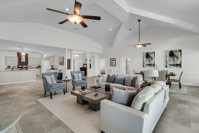 1085 Harts Bluff Rd, Wadmalaw Island, SC 29487 - living room with ceiling fan, lofted ceiling, and recessed lighting