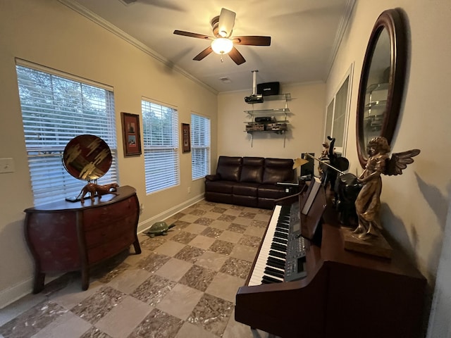 living room featuring ceiling fan and crown molding