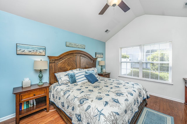 bedroom featuring vaulted ceiling, ceiling fan, and hardwood / wood-style floors