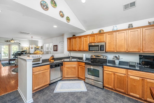 kitchen featuring sink, dark hardwood / wood-style flooring, kitchen peninsula, vaulted ceiling, and appliances with stainless steel finishes