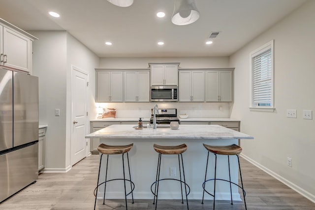 kitchen featuring a center island with sink, visible vents, appliances with stainless steel finishes, a kitchen breakfast bar, and a sink