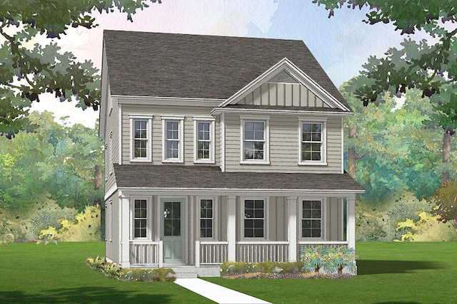 view of front of home with a front yard and a porch